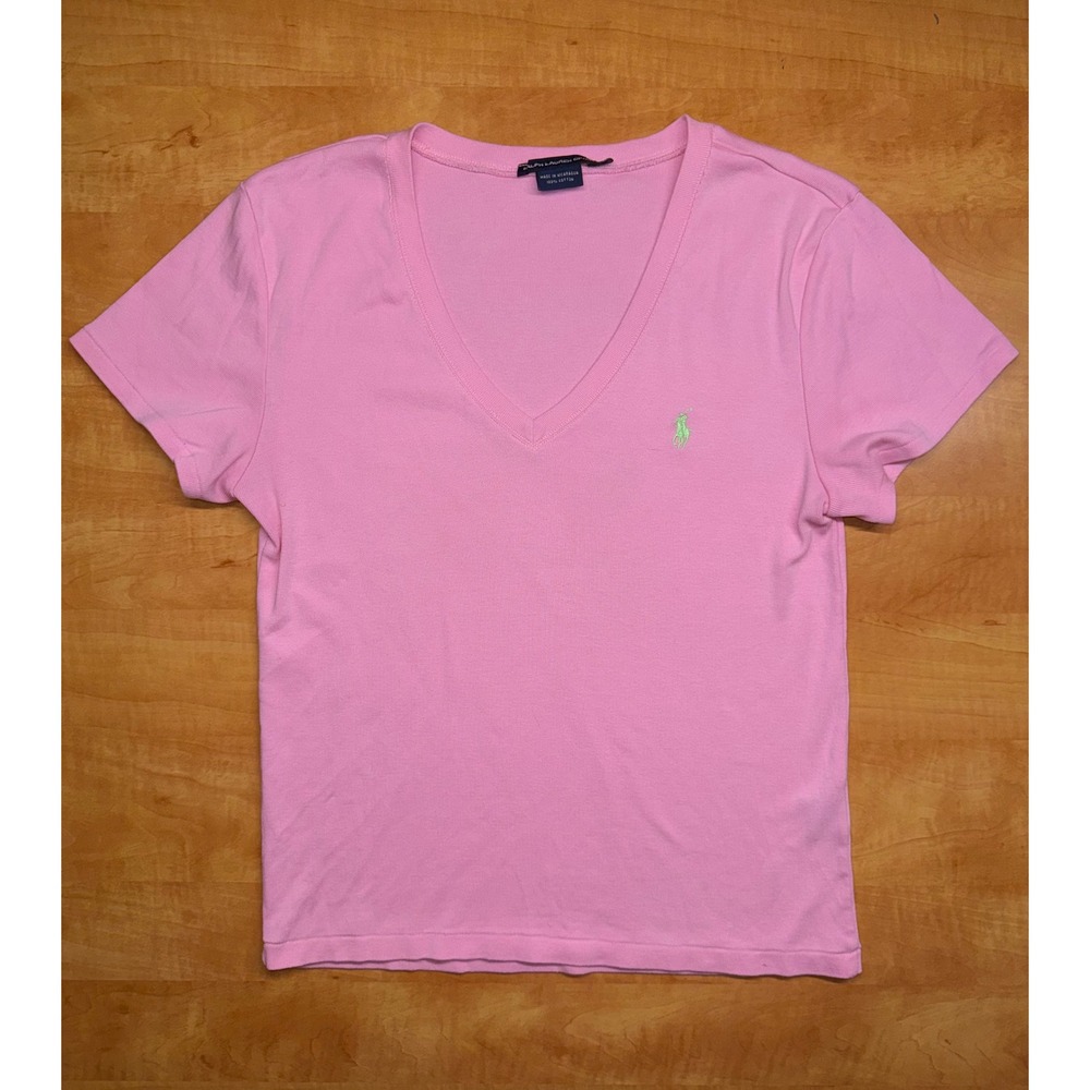 Ralph Lauren Sport Pink V-Neck T-Shirt Lime Green Pony XL Cotton Short Sleeve